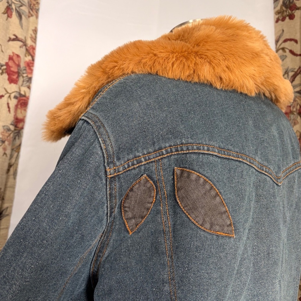Faded Glory Blue Denim Coat with tan Faux Fur Trim and Boho Floral Embroidery - Picture 5 of 13